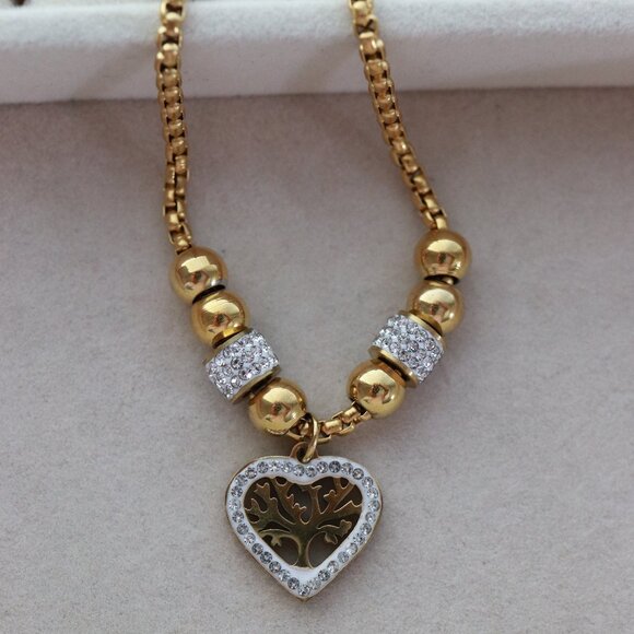 Tree of Life Heart with Rhinestone Pendant Style Round Cable Chain Necklace - Picture 2 of 4